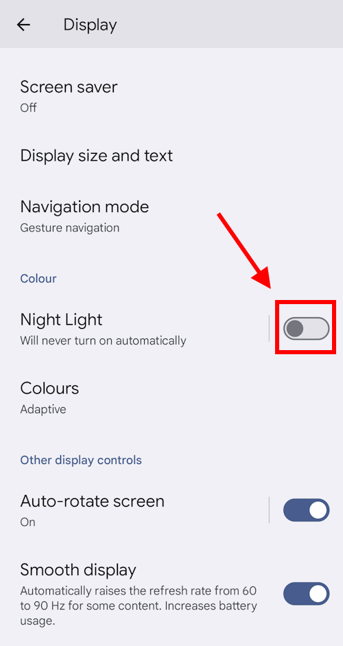 Tap the toggle switch for Night Light to turn it on